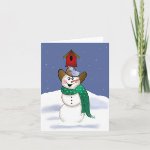 Cartão De Festividades Cowboy Snowman com Birdhouse