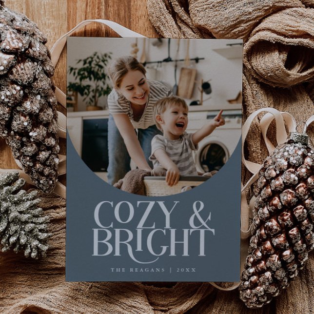 Cartão De Festividades Cozy Bright Elegant Photo Slate Blue Holiday Card (Criador carregado)