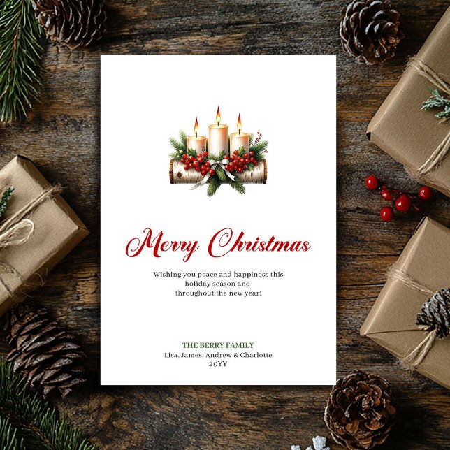 Cartão De Festividades Cozy Christmas candles holly berries greeting (Cozy Christmas candles holly berries greeting Holiday Card)