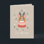 Cartão De Festividades Cozy Christmas Corgi<br><div class="desc">Um corgi confortável e festivo vestido em artes de férias com galhadas e óculos está rodeado por flocos de neve e galhos de snowflakes. Esta design divertida e encantadora é perfeita para amantes de cachorros que celebram o feriado.</div>
