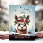 Cartão De Festividades Cozy Christmas Deseja Winter Wonderland Alpaca<br><div class="desc">Este adorável cartão de cartões de natal apresenta uma ilustração alpaca fofinha vestindo uma coroa floral festiva de colly, pinheiro e bagas, com flocos de neve suavemente caindo contra um fundo florestal da Marcha Marinha do inverno. A pequena alpaca está espreitando sobre o tronco de neve para dizer olá! O...</div>