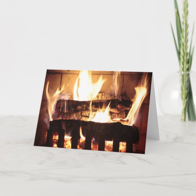 Cartão De Festividades Cozy Fire Brick Fireplace Burning Logs Flames (Frente)