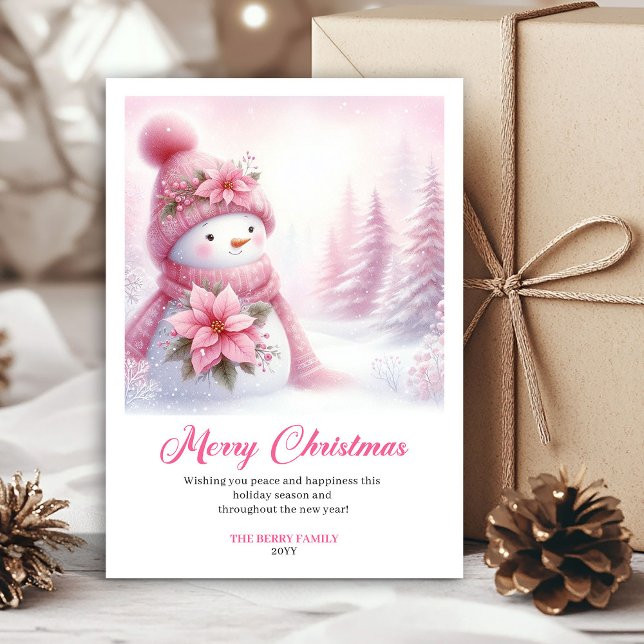 Cartão De Festividades Cozy pink snowman Christmas kids card instant down (Cozy pink snowman Christmas kids card instant download)