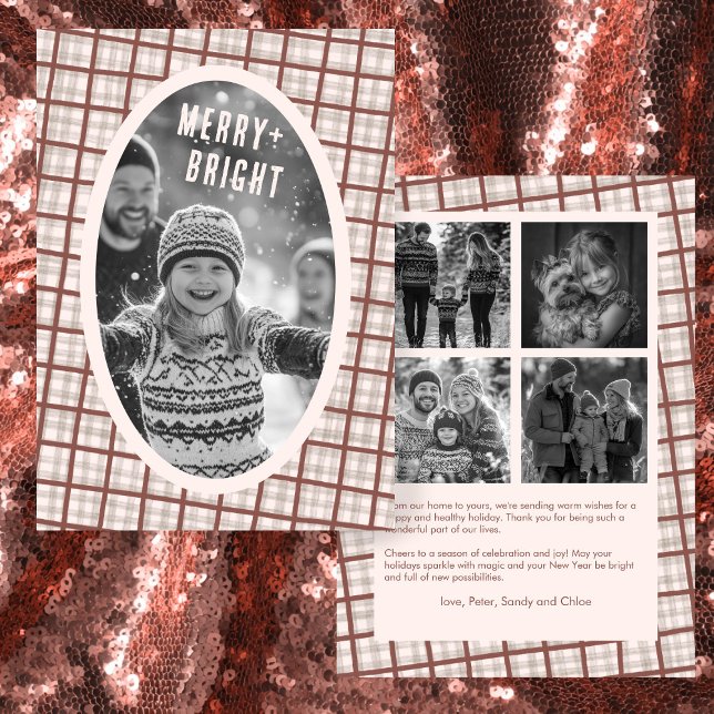 Cartão De Festividades Cozy Plaid Gingham Christmas Custom Photo Collage (Cozy Plaid Gingham Neutral Brown Christmas Custom Photo Collage Holiday Card
)