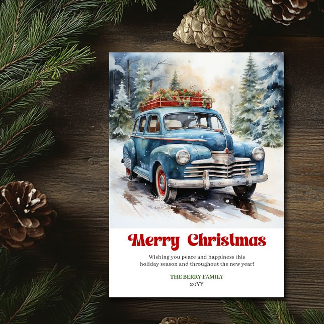 Cartão De Festividades Cozy rustic Christmas scene old fashioned car (Cozy rustic Christmas scene old fashioned Christmas car)