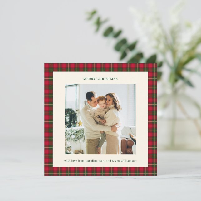 Cartão De Festividades Cozy Traditional Red Plaid Christmas Photo Classic (Em pé/Frente)
