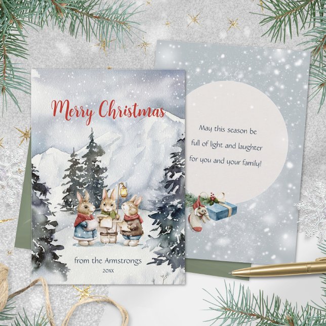 Cartão De Festividades Cozy Watercolor Coelho Carolers Neve Natal (Cozy Watercolor Rabbit Carolers Snow Christmas Holiday Card – Susanne Sachers - Sunny Mind 🌞)