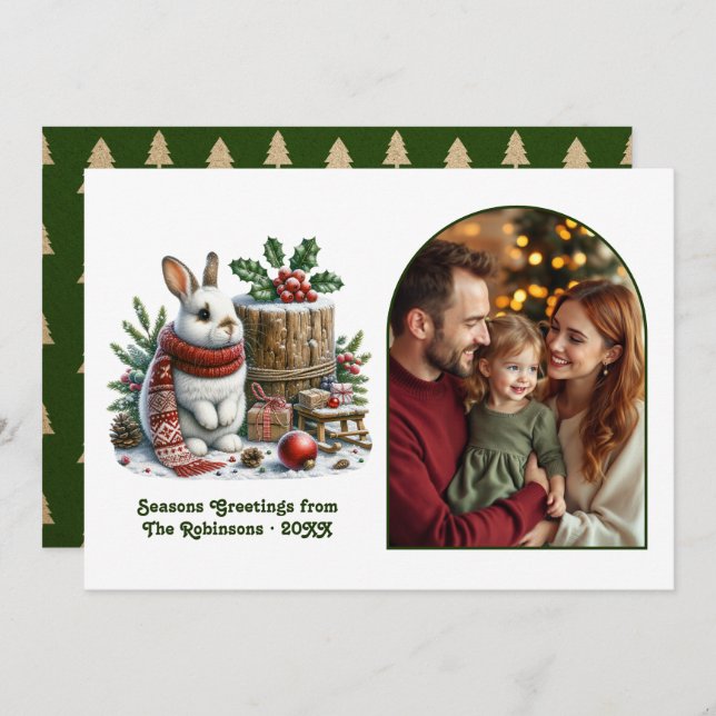 Cartão De Festividades Cozy Woodland Bunny Family Christmas Photo (Frente/Verso)