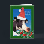 Cartão De Festividades Craciun fericit Natal em vaca romena engraçado<br><div class="desc">Craciun fericit, Natal em romeno, vaca engraçada, vestindo um chapéu de Papai Noel, brincos com flocos de neve, e mastigando os ramos de Holly. A cabeça dela está sobre uma cerca branca de piquete. Fotografia festiva e colorida com efeitos digitais adicionados. Arte, imagem e direitos de autor versos © Shoaff...</div>