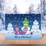 Cartão De Festividades Crafty Snowman a tricotar Scarf<br><div class="desc">Ilustração vetorial de dois adoráveis bonitos bonecos de desenho animado vestidos com chapéus e lenços de malha. O grande boneco de neve está tricotando um cachecol enorme para o pequeno. O cachecol já está envolto várias vezes no bonitinho bonitinho bonitinho bonitinho.</div>
