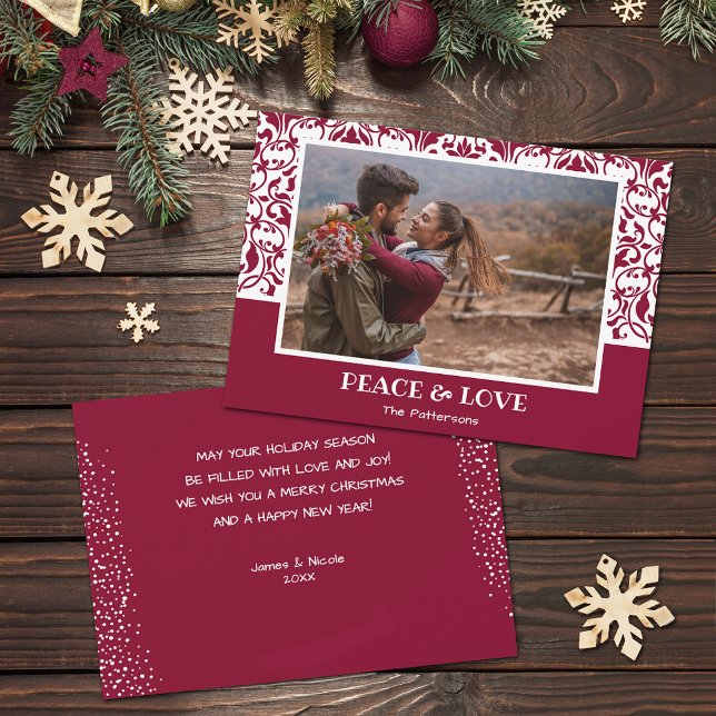 Cartão De Festividades Cranberry e White Damask Foto de Natal (Cranberry and white damask design Christmas photo holiday cards, PRINTED and/or INSTANT DOWNLOAD)