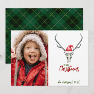 Cartão De Festividades Crânio de Reindeer Russo com Xadrez Foto de Natal