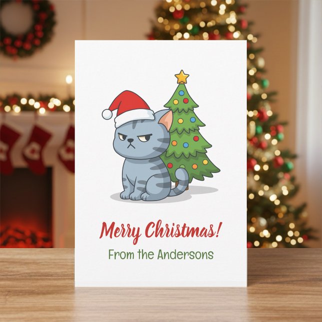 Cartão De Festividades Cranky Grey Tabby Cat Red Hat Christmas Tree (Criador carregado)
