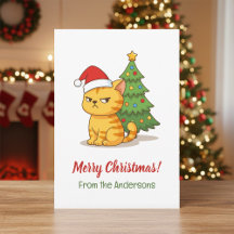 Cranky Tabby Cat Red Hat Christmas Tree