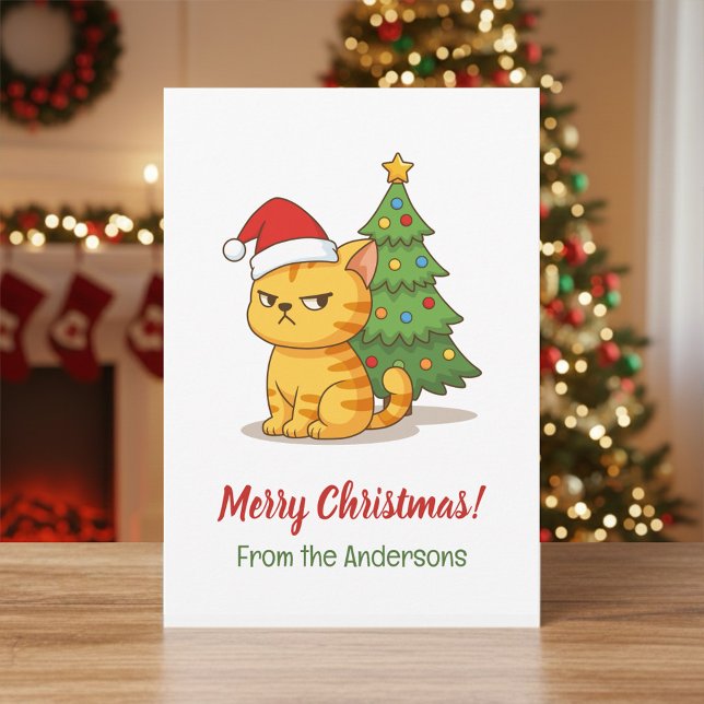 Cartão De Festividades Cranky Tabby Cat Red Hat Christmas Tree (Criador carregado)