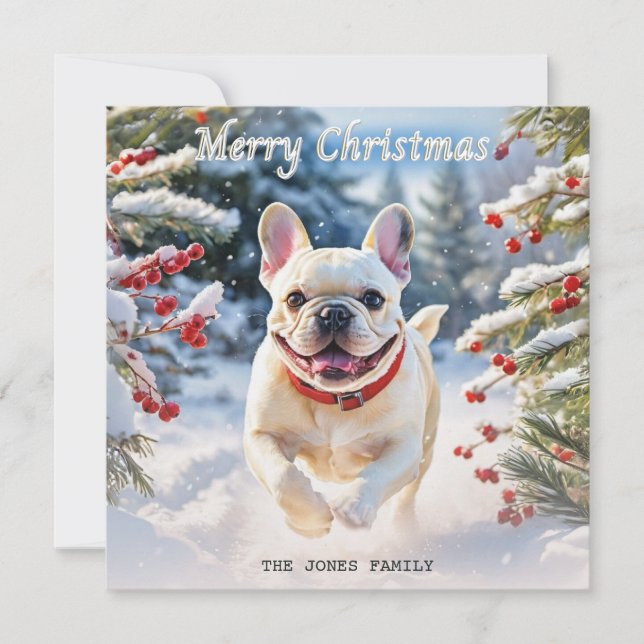 Cartão De Festividades Cream Bulldog Francês em Neve Feliz Natal (Frente)