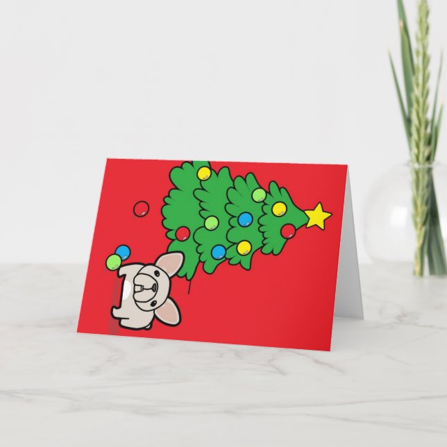 Cartão De Festividades Cream Frenchie with Christmas Tree on Red (Frente)