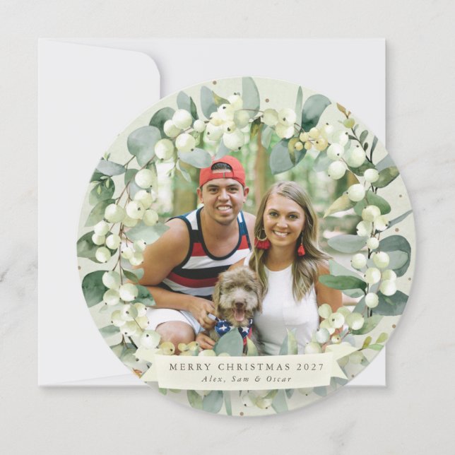 Cartão De Festividades Creme Round Snowberry+Eucalyptus Christmas Wreath (Frente)