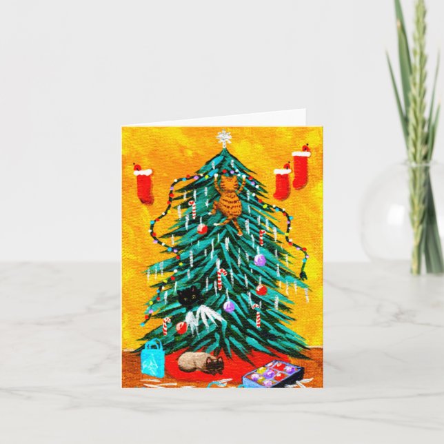 Cartão De Festividades Criações de Árvores de Gatos de Natal Engraçados (Frente)