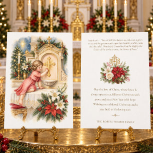 Cartão De Festividades Criança Católica Vintage Batendo no Tabernáculo