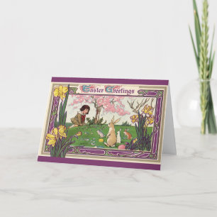 Cartão De Festividades Criança do vintage em uma caça do ovo da páscoa