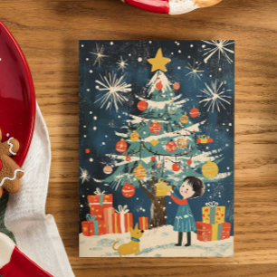 Cartão De Festividades "Criança Encantadora Decorando Cão de Árvore de Na