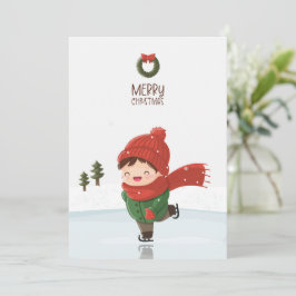 Cartão De Festividades Criança patinando no gelo no Natal