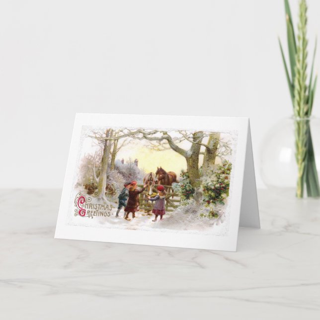 Cartão De Festividades Crianças alimentando cavalos no Natal antigo (Frente)