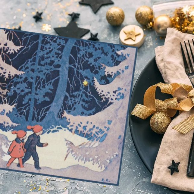 Cartão De Festividades Crianças Antigas em um Passeio Noturno na Neve (Criador carregado)