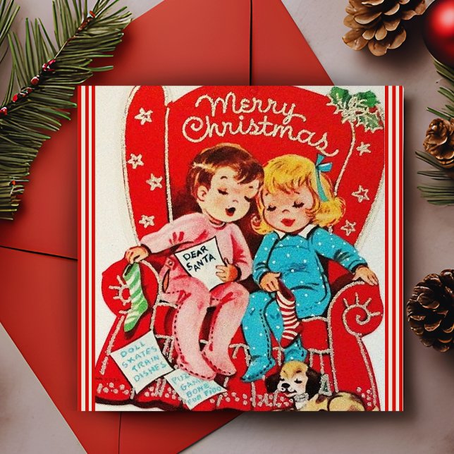 Cartão De Festividades Crianças Antigas Esperando pelo Papai Noel Natal P (Vintage Children Awaiting Santa Custom Christmas Holiday Card. Add your name and a special message!)