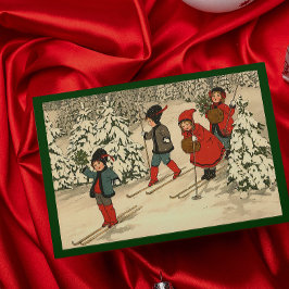 Cartão De Festividades Crianças Antigas Esquiando Através de uma Floresta