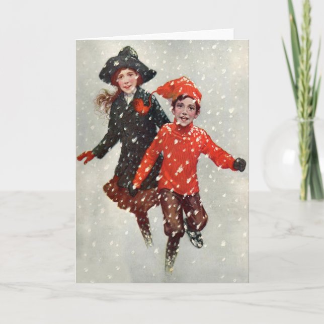 Cartão De Festividades Crianças Bonitas Jogando Neve (Frente)