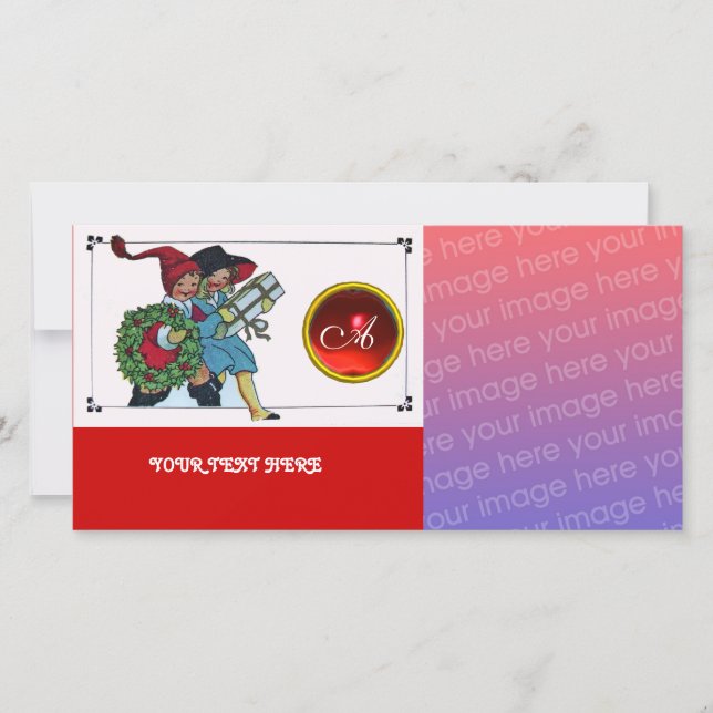 Cartão De Festividades CRIANÇAS COM MONograma de presente de NATAL (Frente)