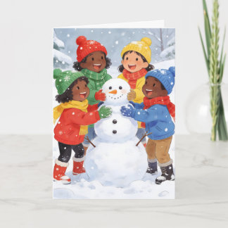 Cartão De Festividades Crianças constroem um boneco de neve