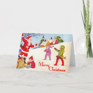 Cartão De Festividades Crianças da década de 1940 Brincando com Papai Noe