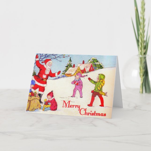 Cartão De Festividades Crianças da década de 1940 brincando com Papai Noe (Frente)