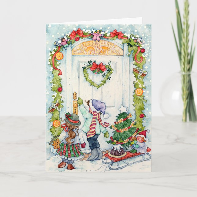 Cartão De Festividades Crianças de Caroling (Frente)