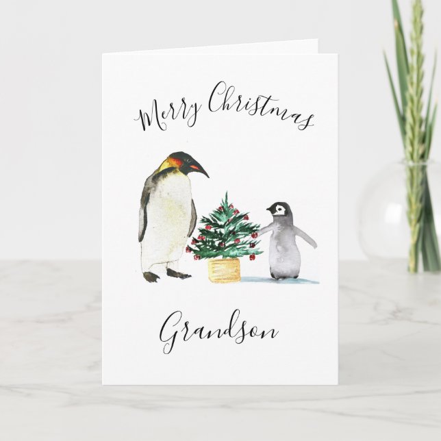 Cartão De Festividades Crianças de Natal Merry Pinguin Cute em Aquarela (Frente)