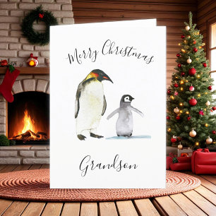 Cartão De Festividades Crianças de Natal Merry Pinguin Cute em Aquarela