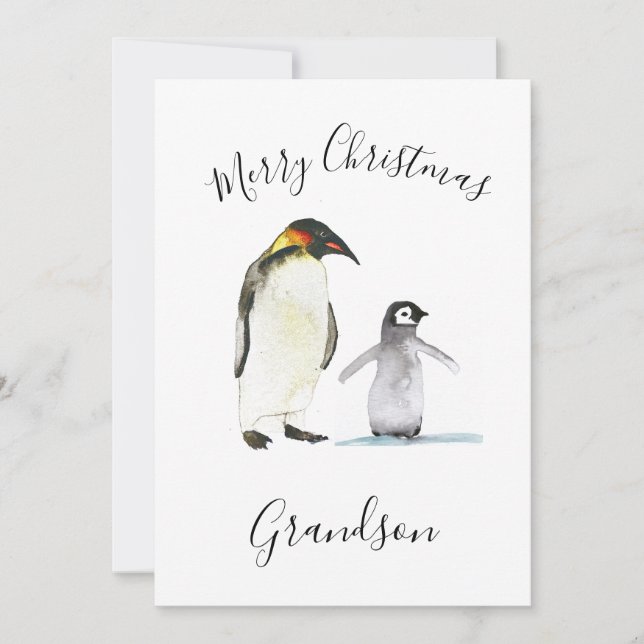 Cartão De Festividades Crianças de Natal Merry Pinguin Cute em Aquarela (Frente)