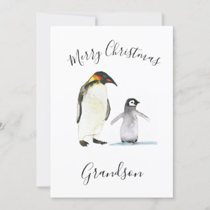 Cartão De Festividades Crianças de Natal Merry Pinguin Cute em Aquarela