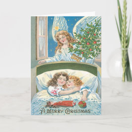 Cartão De Festividades Crianças Dormindo Anjo Árvore de Natal Janela
