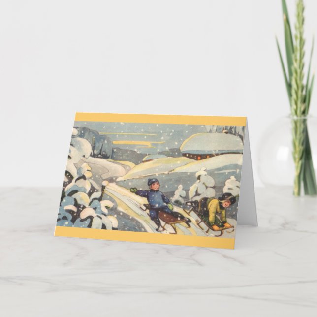 Cartão De Festividades Crianças Estonianas em Trenós (Frente)