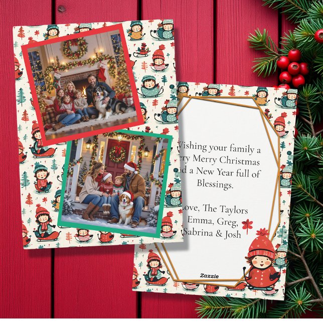 Cartão De Festividades Crianças Fofas Deslizando em Trenó Foto de Natal D (Criador carregado)