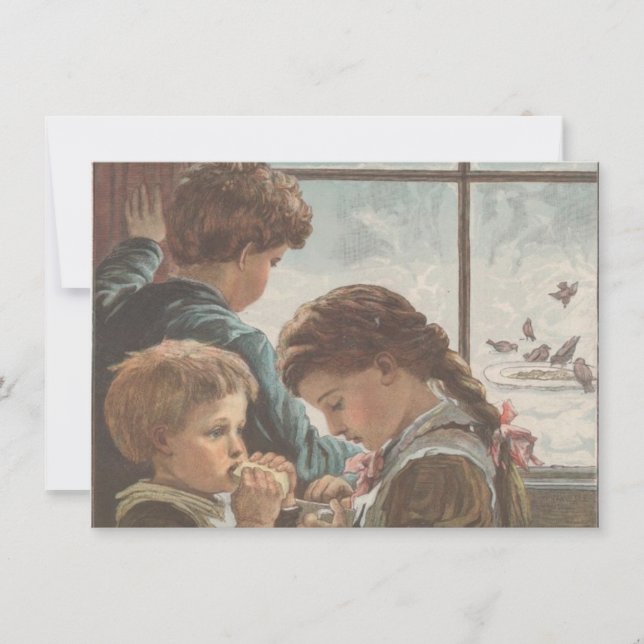 Cartão De Festividades Crianças Pássaros Janela Natal Branco Imprimível  (Frente)