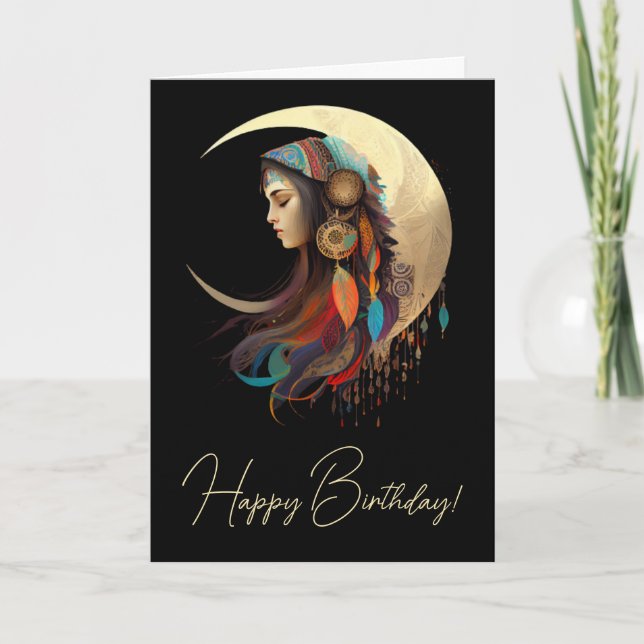 Cartão De Festividades Crie sua própria Lua e Penas do Crescente Boho (Frente)