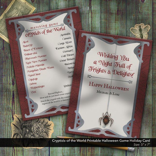 Cartão De Festividades Criptids do Jogo de Halloween Imprimível do Mundo (Cryptids–of the World Matching Printable Halloween Party Game)