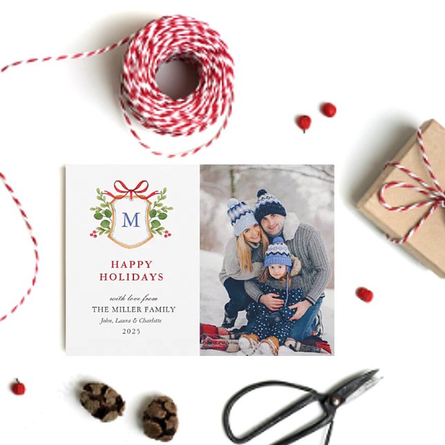 Cartão De Festividades Crista Feliz de Feriados com foto de Monograma ver (Criador carregado)