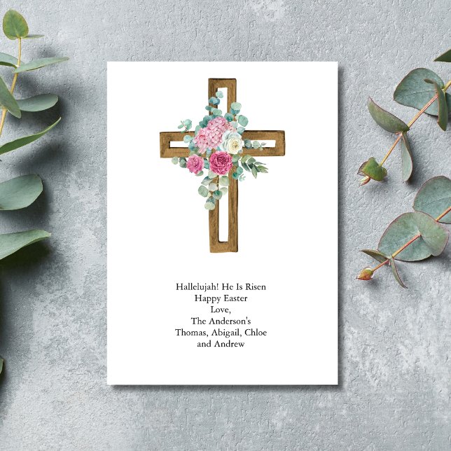 Cartão De Festividades Cristão Religioso Floral Rosa-Rosa-páscoa (Wooden Cross Pink floral Eucalyptus Watercolor Easter Card)