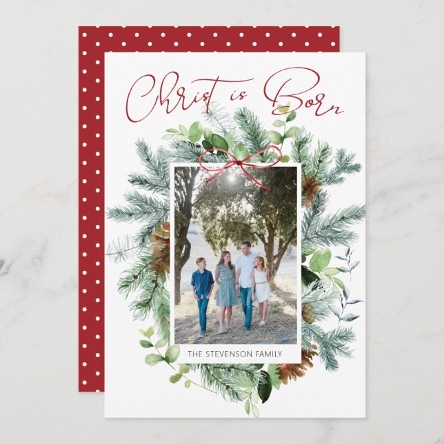 Cartão De Festividades Cristo Nasceu Foto Aquarela Folhagem (Frente/Verso)